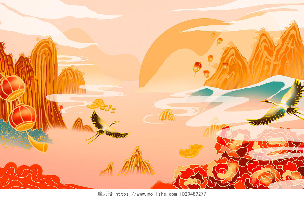 新年国潮山水风景喜庆过年节日仙鹤牡丹模板插画新年国潮插画